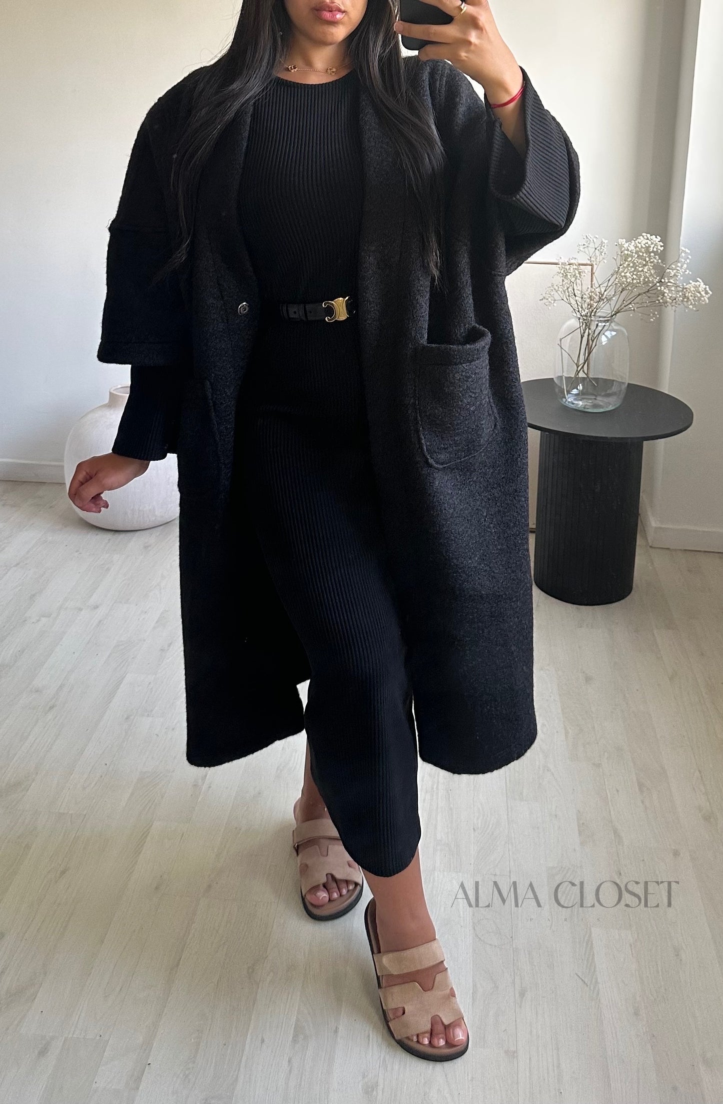 Manteau kimono laine bouclée 11427UNI | Noir