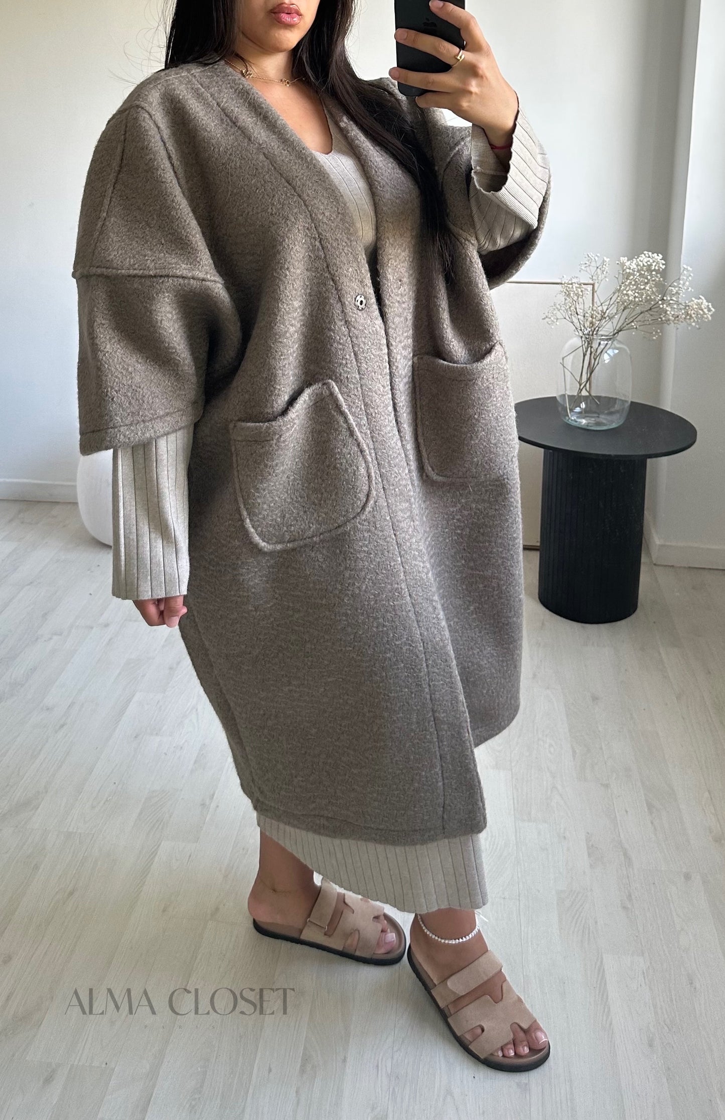 Manteau kimono laine bouclée 11427UNI | Taupe
