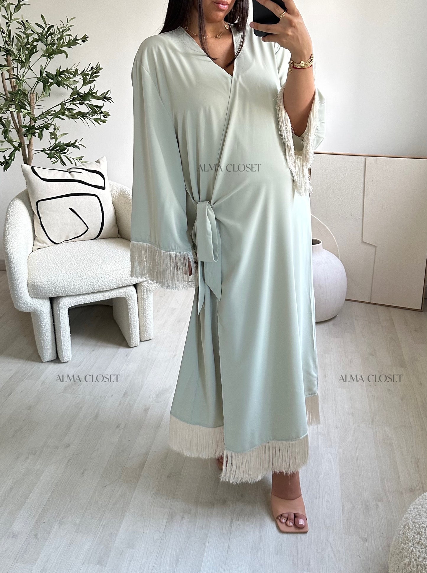 Robe kimono KUWAIT à franges | Vert d’eau