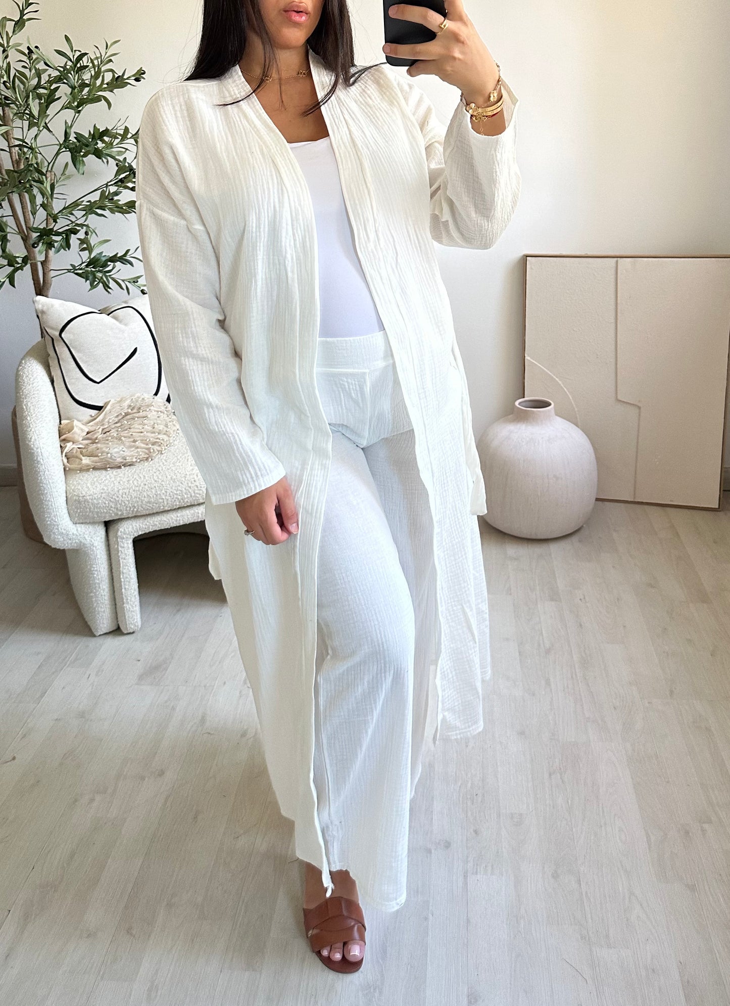 Ensemble en gaz de coton Kimono & Pantalon | Blanc