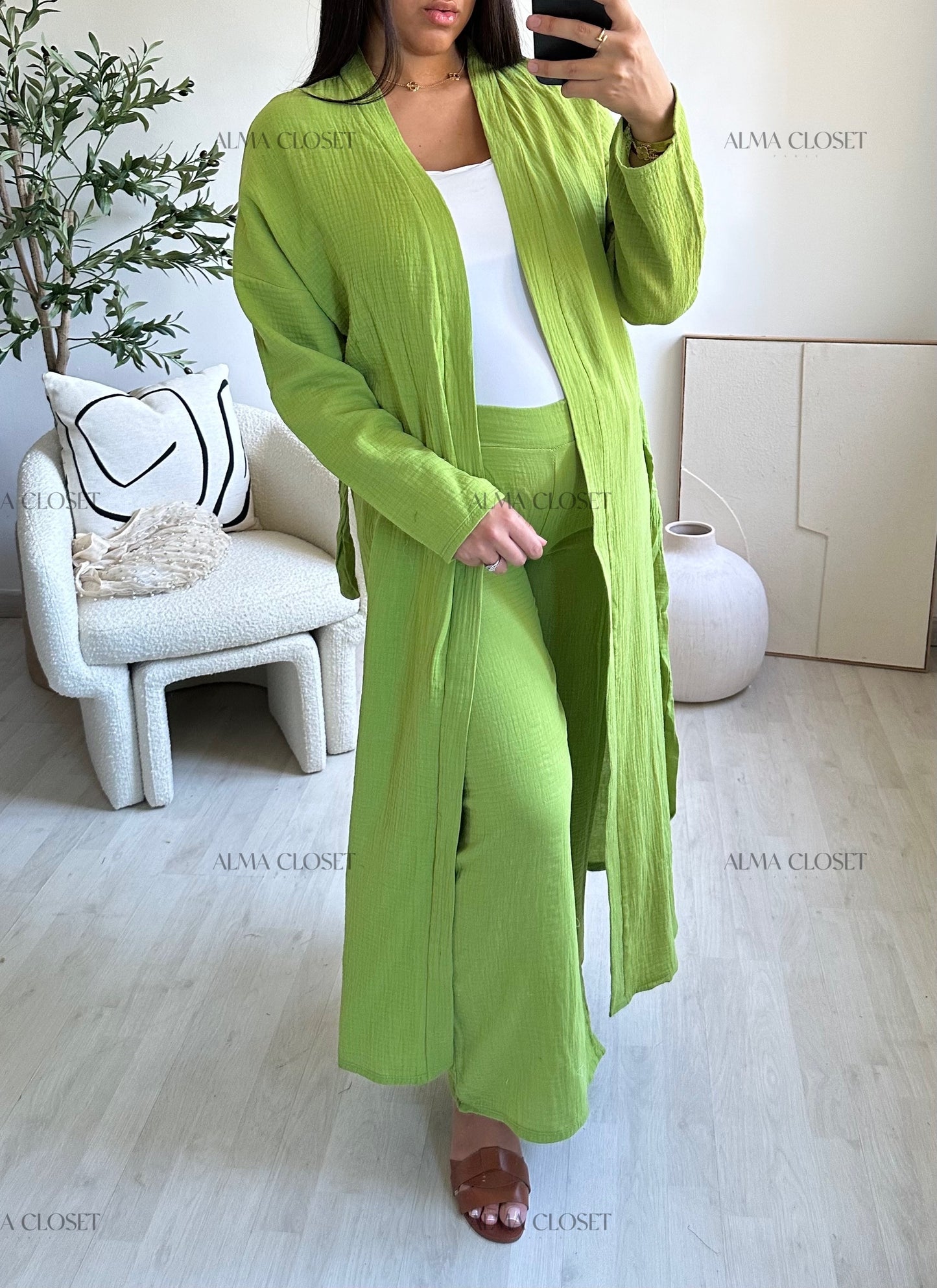 Ensemble en gaz de coton Kimono & Pantalon | Vert anis