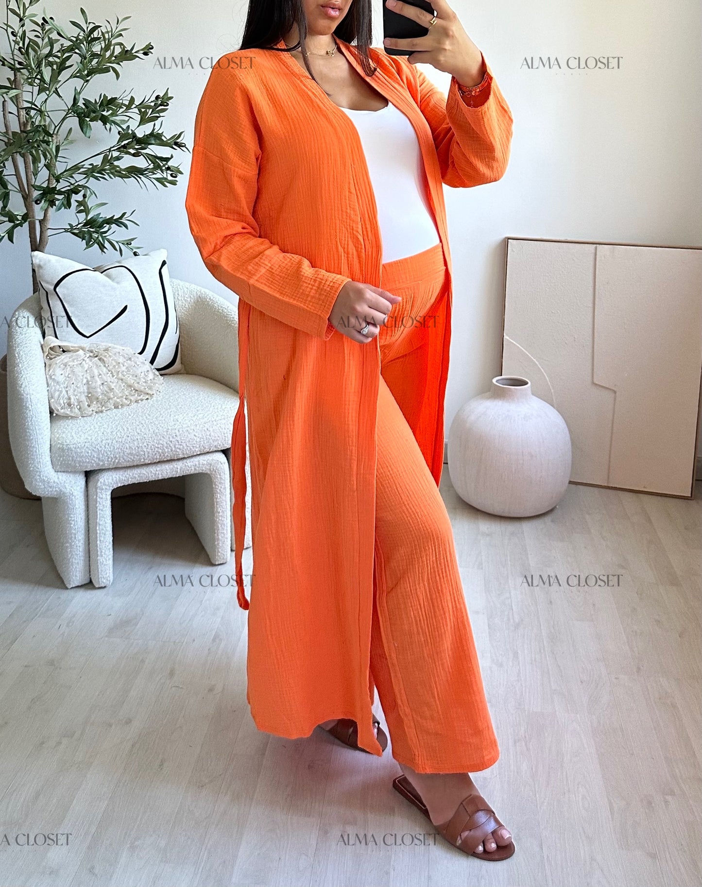 Ensemble en gaz de coton Kimono & Pantalon | Orange