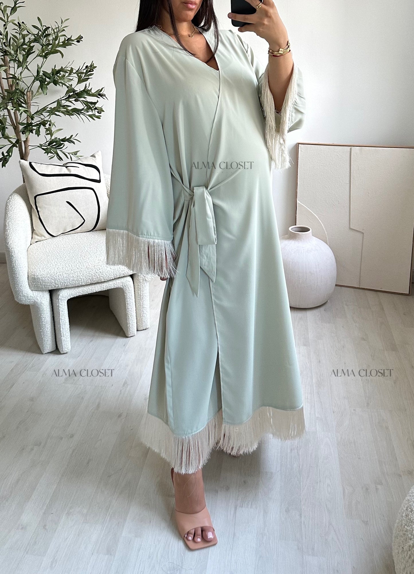 Robe kimono KUWAIT à franges | Vert d’eau